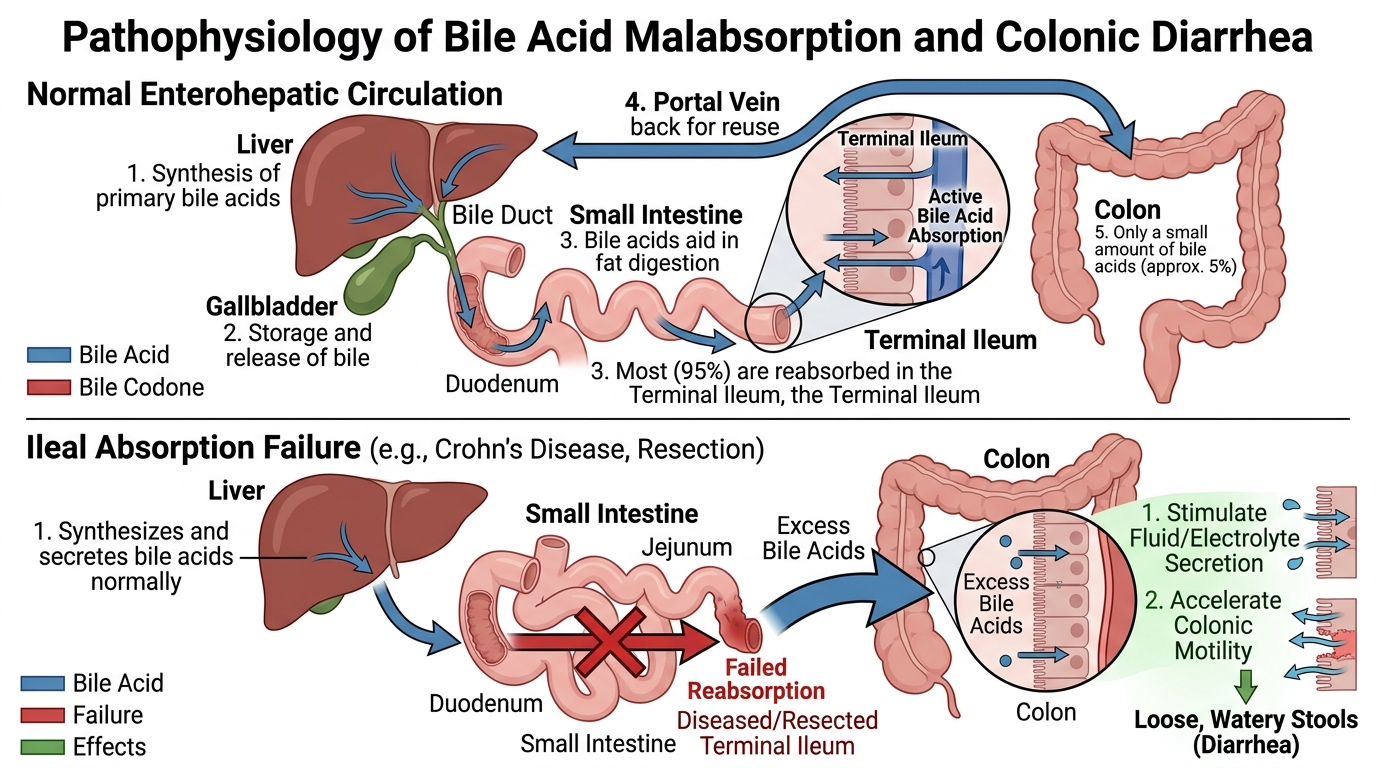Medical diagram of enterohepatic bile acid circulation comparing normal terminal ileum absorption with ileal failure and colonic bile acid diarrhea