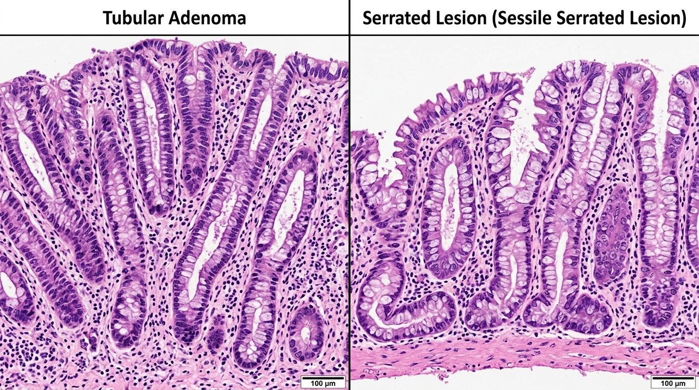 Microscopic histology slide comparison showing tubular adenoma epithelium versus serrated lesion crypt architecture under laboratory optical microscope