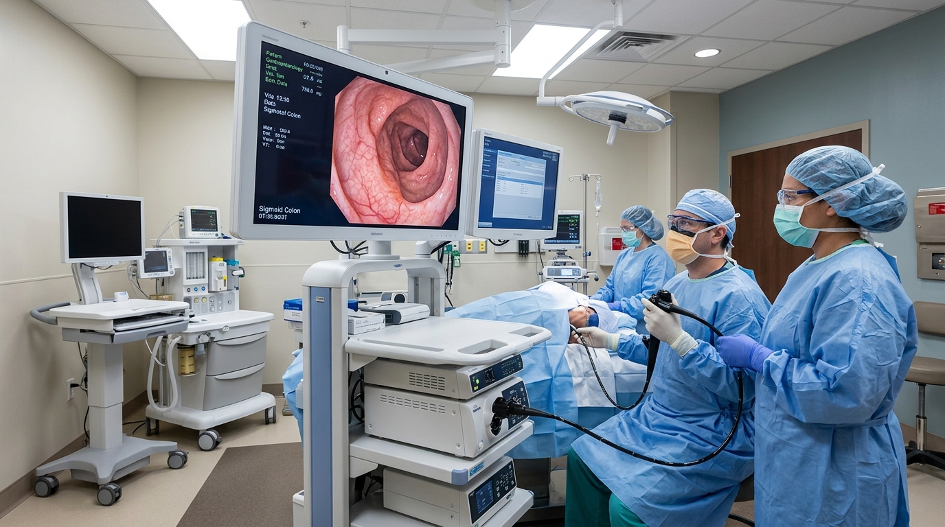 Modern high-definition gastroenterology endoscopy suite with digital video monitors displaying mucosal colon anatomy