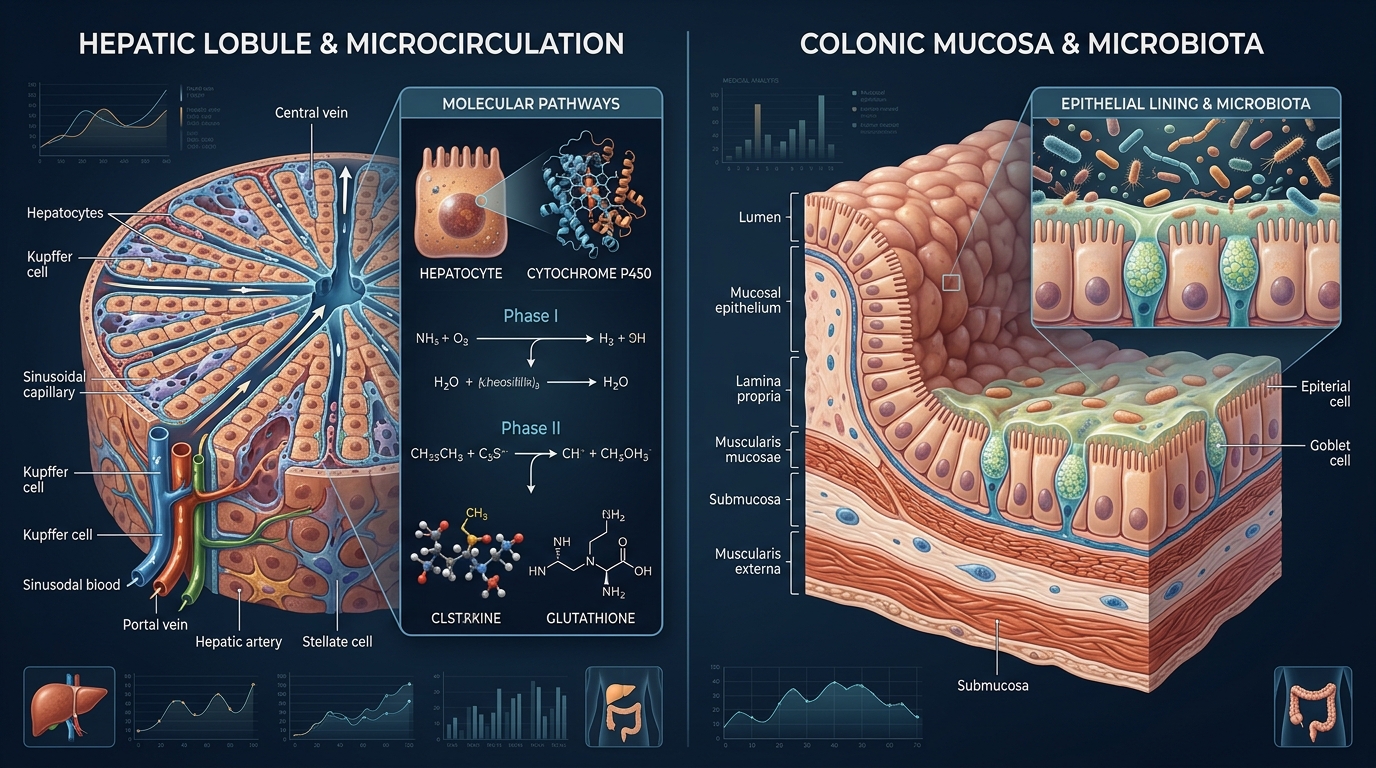 High-fidelity clinical medical illustration comparing hepatic lobule microcirculation and molecular cytochrome P450 pathways with colonic mucosal architecture and microbiota