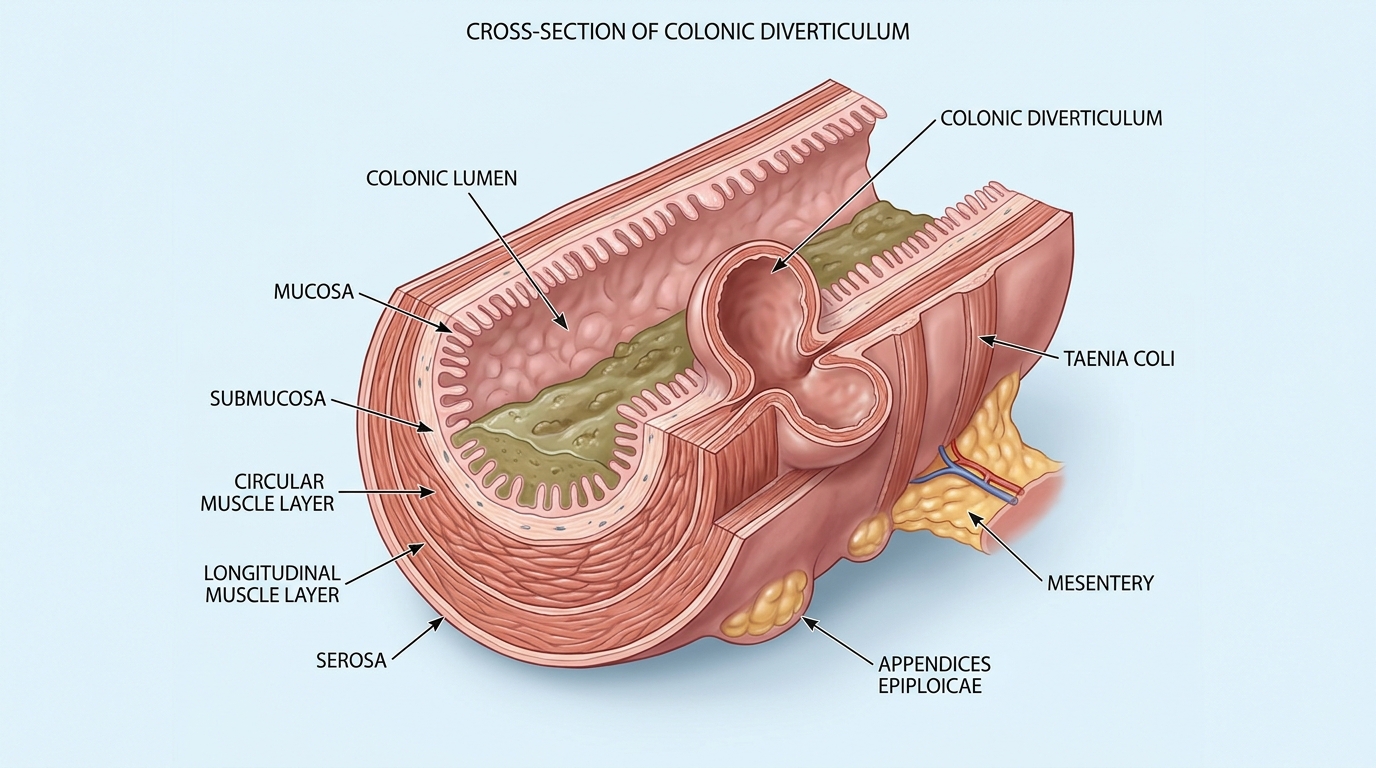 Medical anatomical illustration of cross-section of colonic diverticulum with surrounding bowel wall musculature circular muscle layer and mucosal herniation