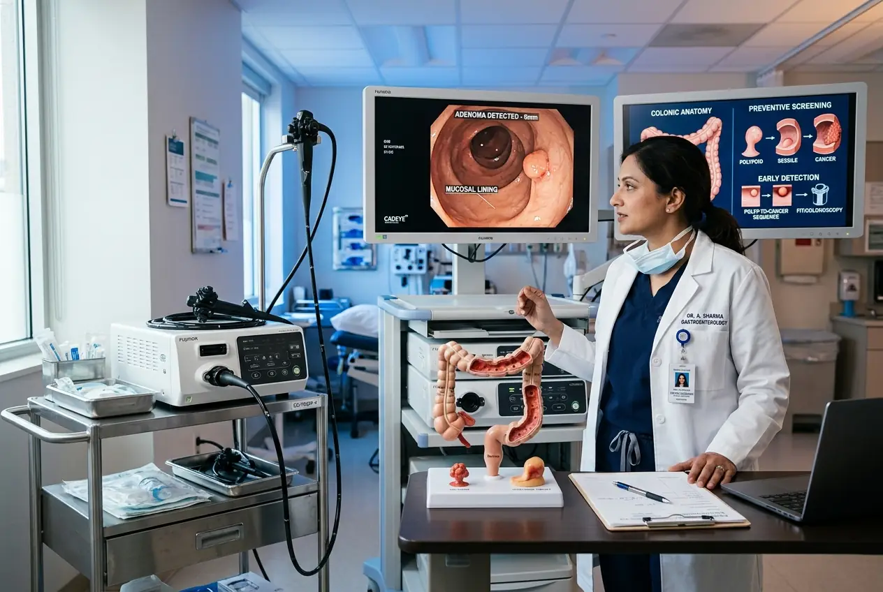 Clinical endoscopic diagnostic suite featuring high-definition colonoscopy monitor displaying colonic mucosal lining and adenoma detection, anatomical colon model, and physician evaluation desk