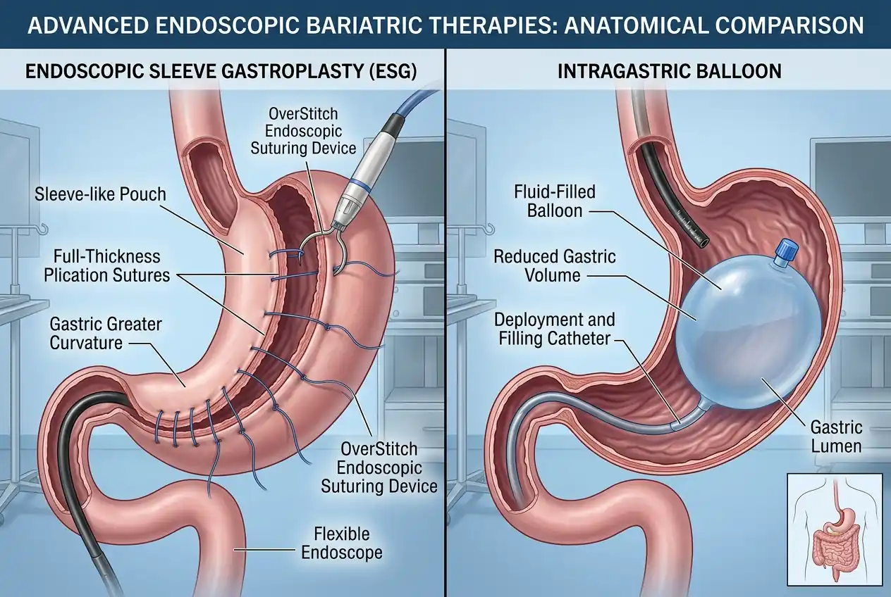 Clinical procedural illustration comparing Endoscopic Sleeve Gastroplasty with Apollo OverStitch suturing system against a fluid-filled intragastric balloon within the human stomach