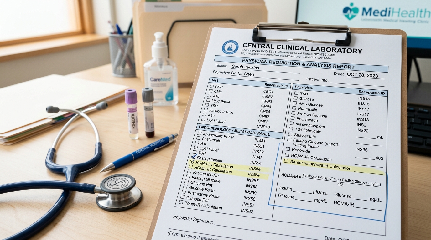 Laboratory diagnostic requisition and analysis report showing fasting insulin and HOMA-IR calculation for early metabolic liver screening