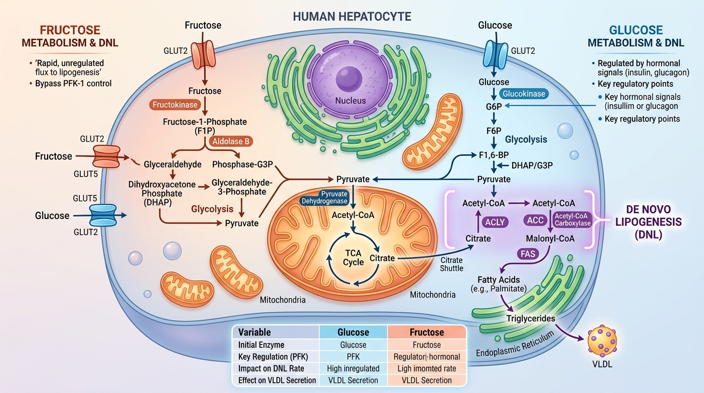 Biochemical pathway comparison chart showing hepatic de novo lipogenesis pathways of fructose versus glucose in hepatocytes