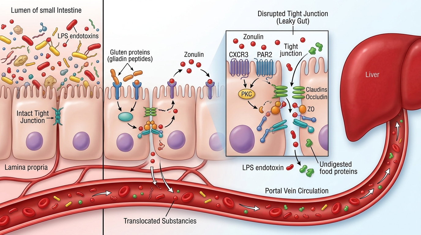 Scientific 3D medical illustration of intestinal epithelial barrier showing tight junction permeability and LPS endotoxin translocation into portal vein circulation toward the liver