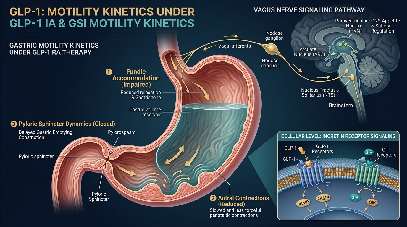 Detailed medical illustration showing gastric motility kinetics under GLP-1 receptor agonist therapy, including fundic accommodation, antral hypomotility, pyloric dynamics, and vagus nerve signaling to the brainstem nucleus tractus solitarius