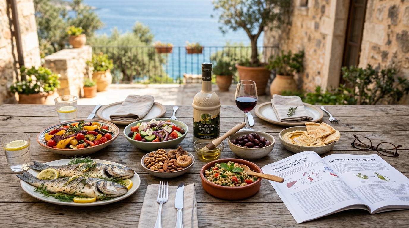 Mediterranean diet spread featuring extra virgin olive oil wild fish walnuts and vegetables next to an open gastroenterology journal on a rustic table