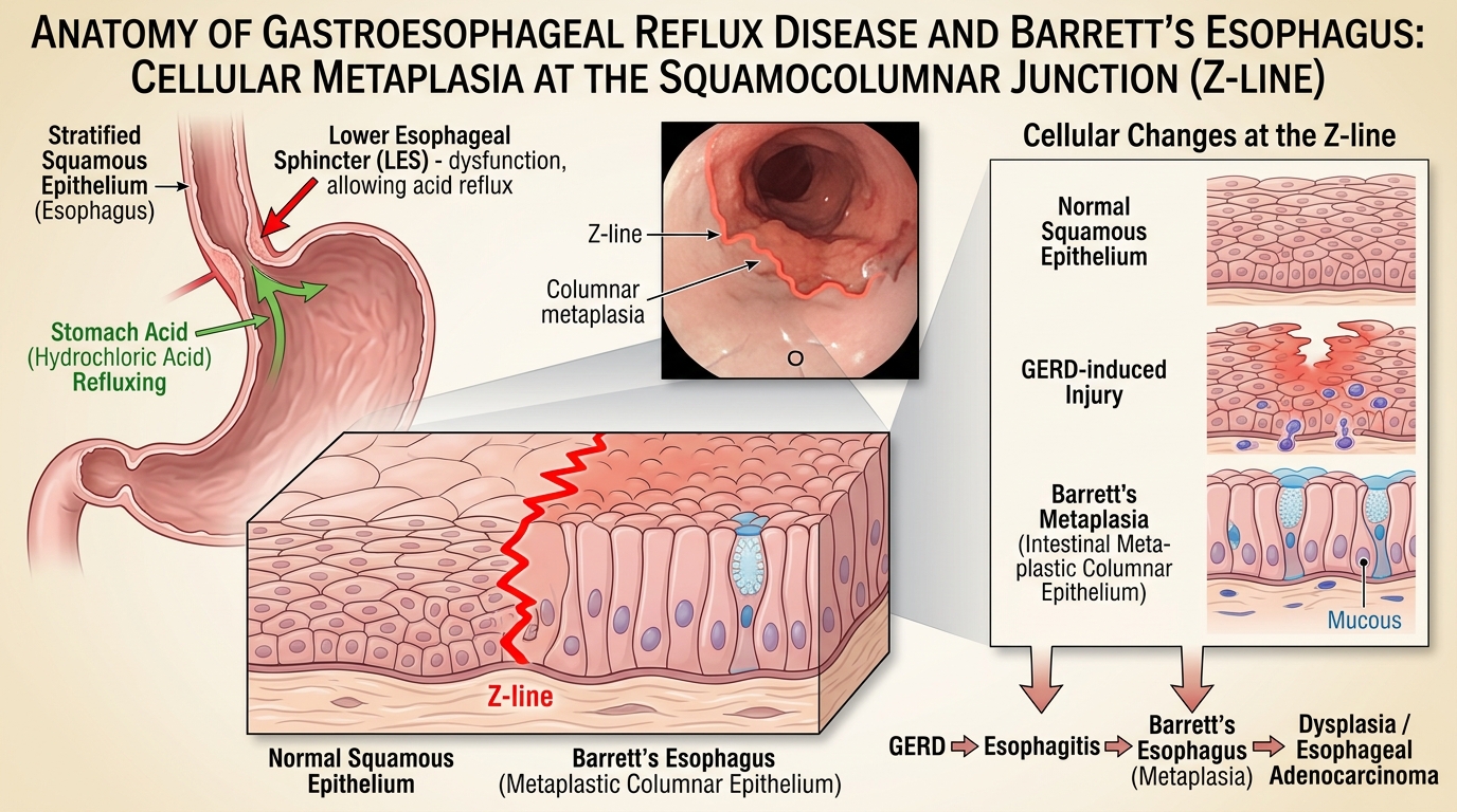 Medical anatomical illustration depicting gastroesophageal reflux disease and cellular metaplasia at the squamocolumnar junction Z-line