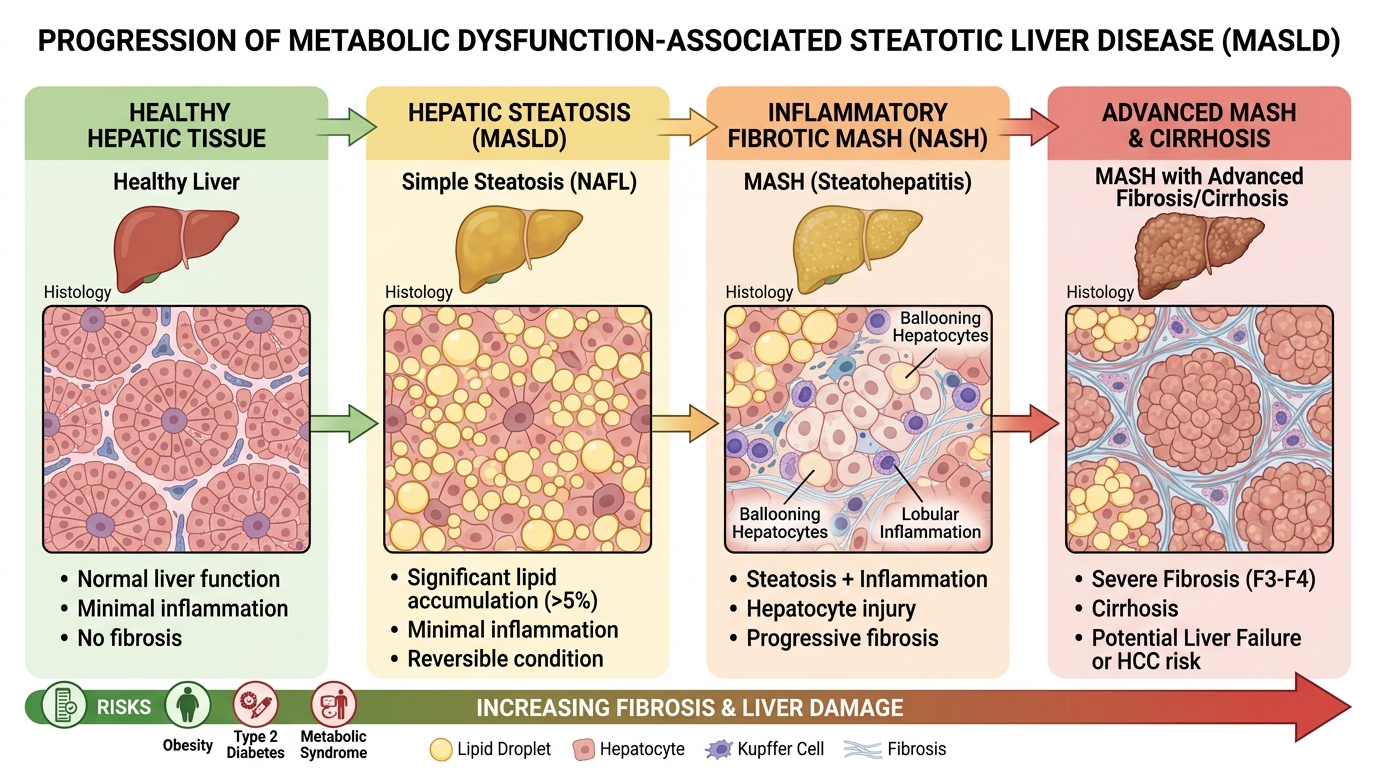 Clinical stages of metabolic dysfunction-associated steatotic liver disease progression from steatosis to MASH