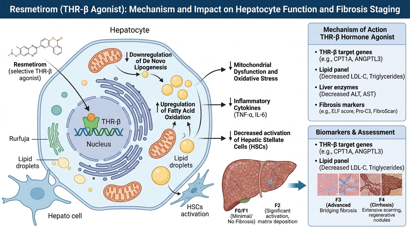 Clinical pharmaceutical mechanism diagram of resmetirom Rezdiffra thyroid hormone receptor beta selective agonist in hepatocyte with fibrosis staging markers
