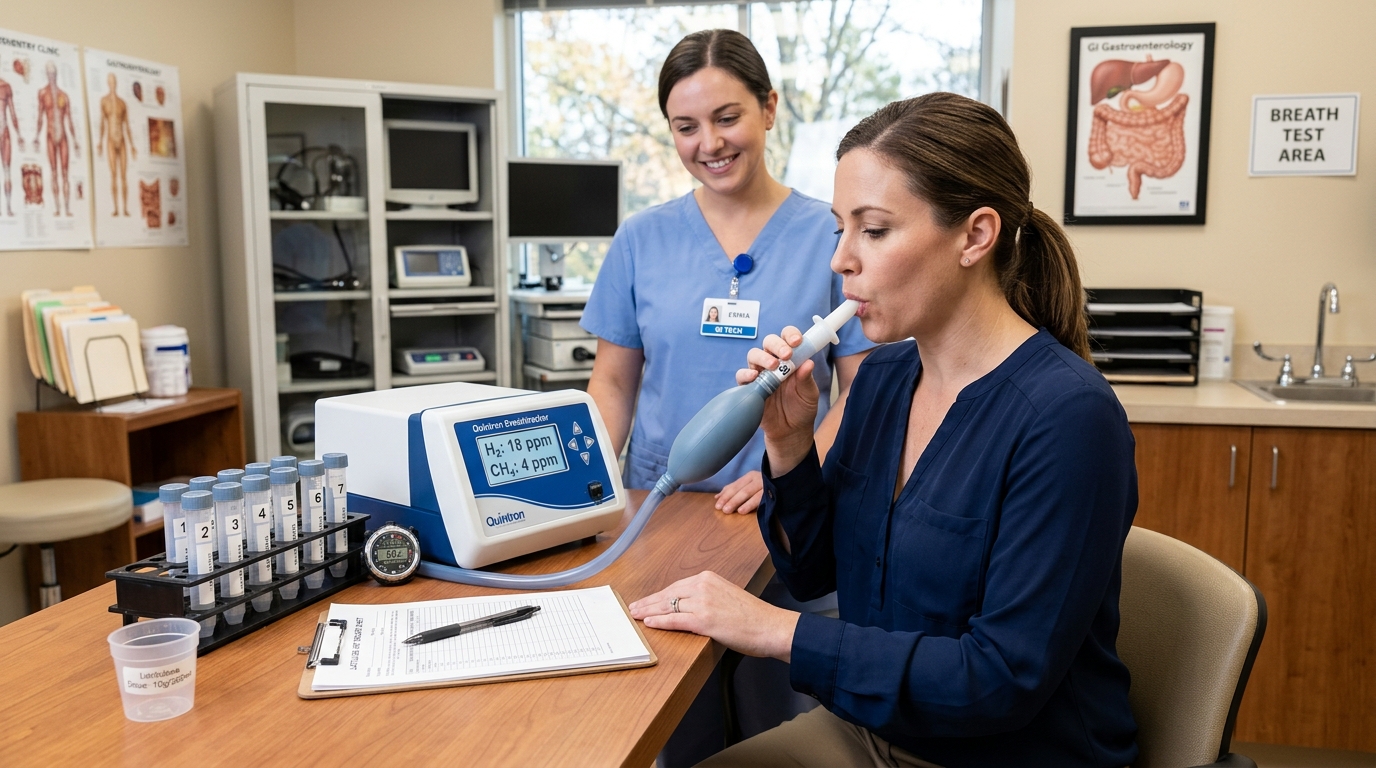 Patient performing lactulose hydrogen and methane breath test in gastroenterology clinic with Quintron digital gas analyzer and numbered collection tubes