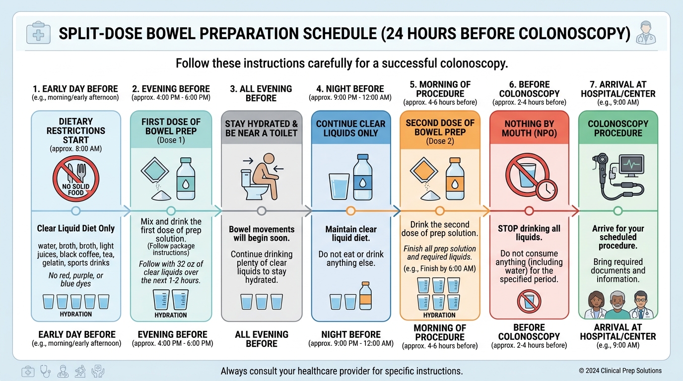 Visual clinical infographic timeline chart displaying split-dose bowel preparation schedule 24 hours prior to colonoscopy procedure