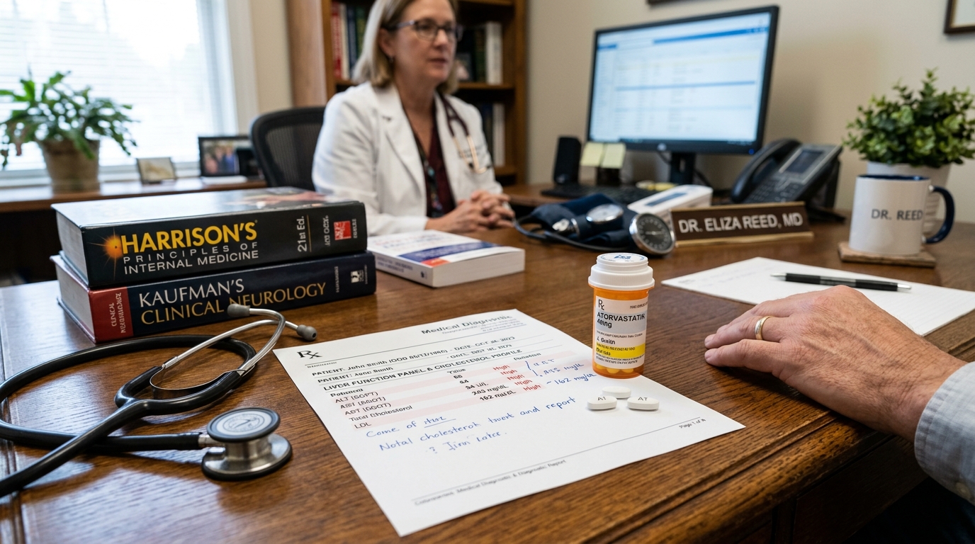 Prescription statin medication tablets alongside liver function panel laboratory report and stethoscope on physician consultation desk