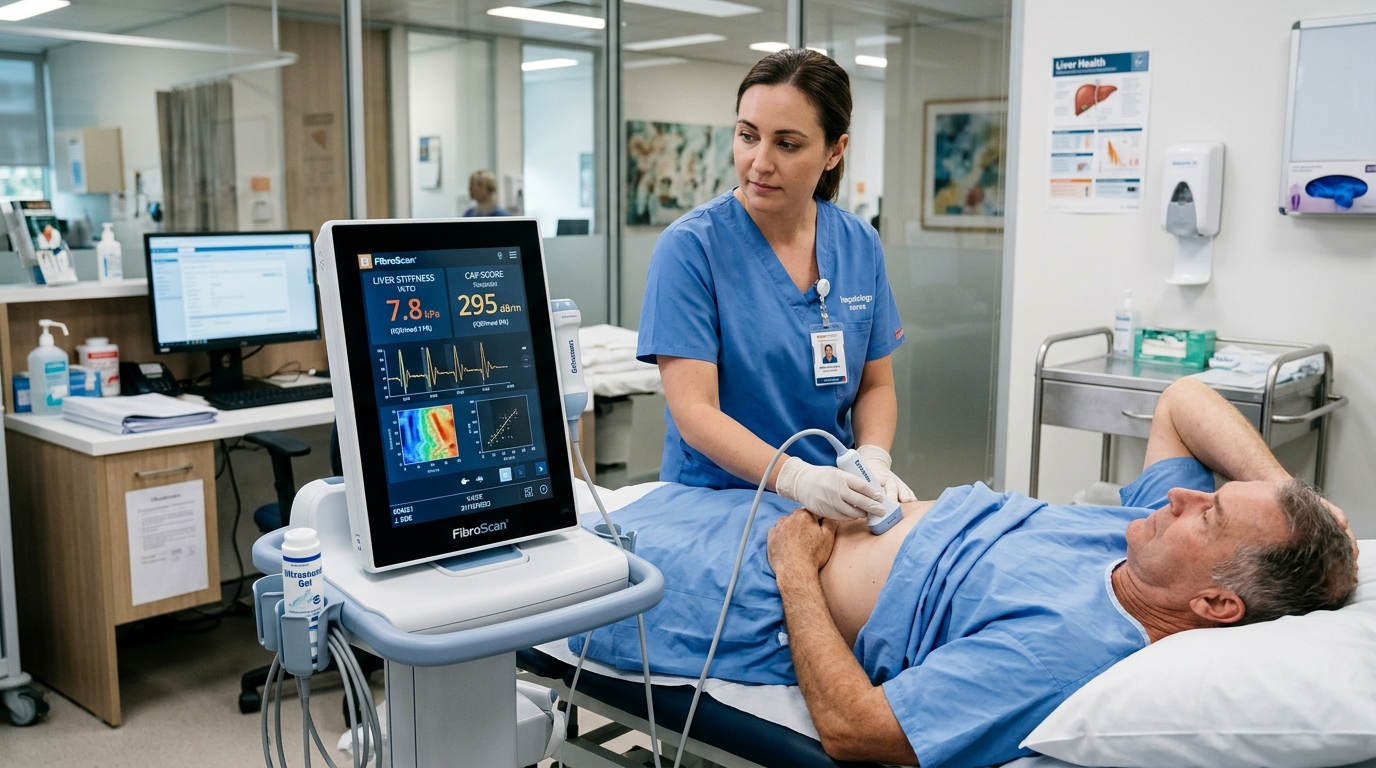 Vibration-controlled transient elastography VCTE FibroScan device in clinical hepatology suite displaying liver stiffness measurement in kPa and CAP score in dB per m